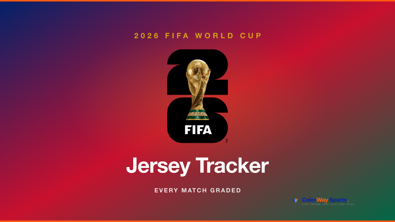 2026 FIFA World Cup Jersey Tracker cover composite for the ColorWay Sports running tracker grading every match kit pairing across all 48 teams 12 groups and 104 matches of the 2026 FIFA World Cup hosted by the United States Canada and Mexico from June 11 through July 19 2026