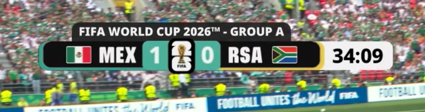 FIFA World Cup 2026 scorebug showing Mexico leading South Africa 1-0 at 46:21 with a red +4 added time chip attached to the right side of the match clock during first half stoppage time at Estadio Azteca