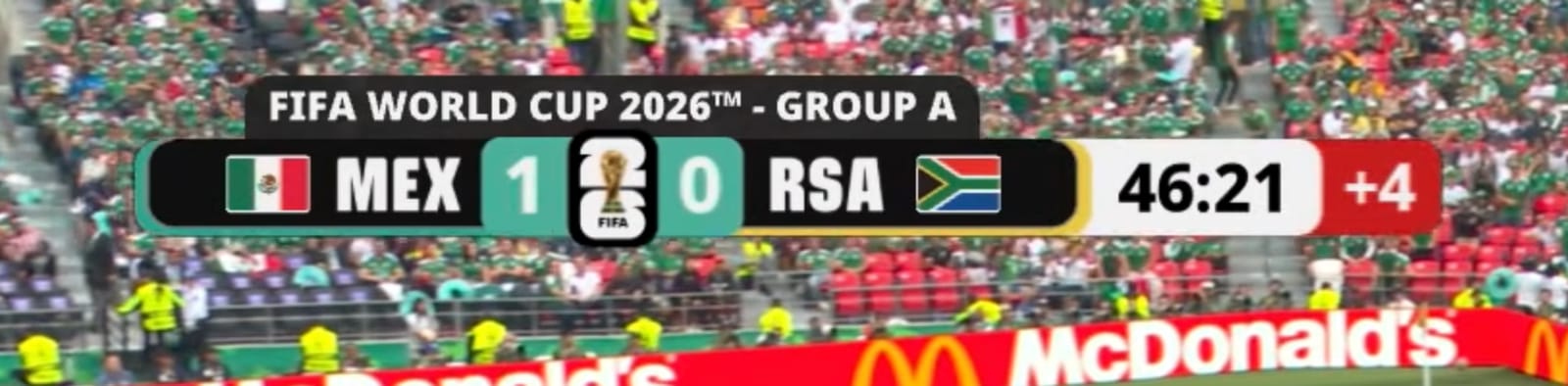 FIFA World Cup 2026 scorebug at 52:30 of Mexico vs South Africa showing a gold banner reading DOWN TO 10 PLAYERS with a single red card icon hanging below the main scorebug after South Africa's first red card at Estadio Azteca in Mexico City