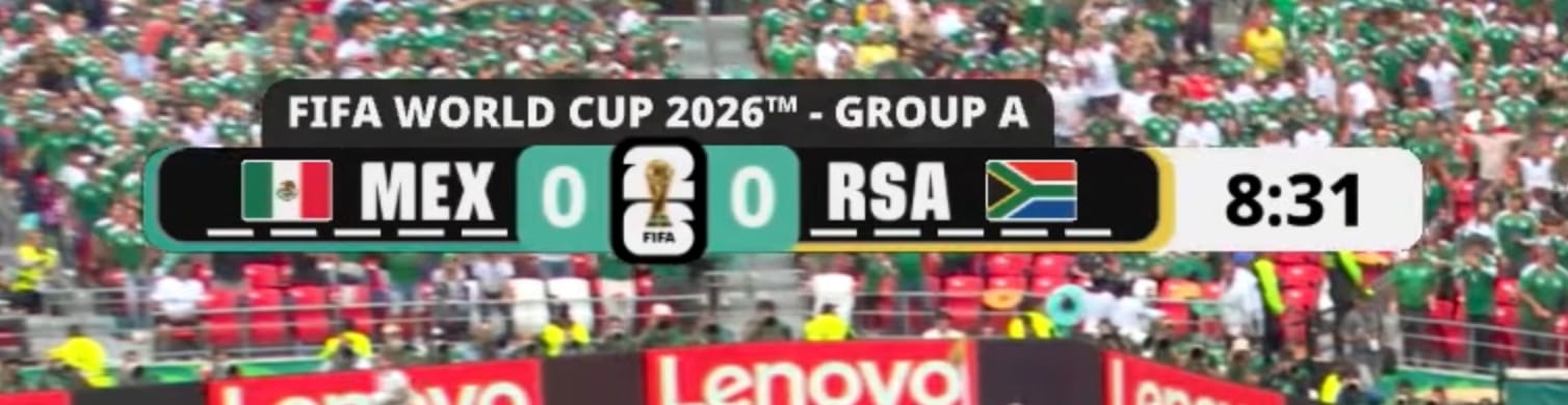 FIFA World Cup 2026 main broadcast scorebug during Mexico vs South Africa at Estadio Azteca showing the Group A header strip, Mexico and South Africa flags with MEX 1 RSA 0 score around the World Cup trophy emblem, teal score frames, gold ribbon, and white match clock reading 34:09