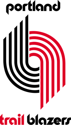 Portland Trail Blazers 1970-1991 logo: a vertical pinwheel of five black and five red stripes, with portland in lowercase black letters above and trail blazers in lowercase red and black letters below