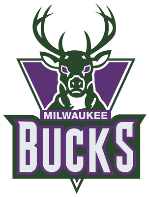 Milwaukee Bucks 1993-2006 logo: a realistic green deer head with antlers over a purple inverted triangle, above a green banner with MILWAUKEE and BUCKS in white letters