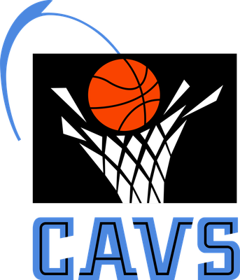 Cleveland Cavaliers 1994-2003 logo: an orange basketball dropping through a white net on a black square, with a blue arc tracing the ball's path and CAVS in blue below