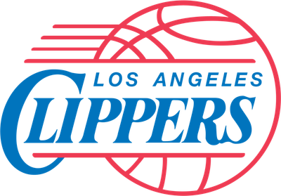Los Angeles Clippers 1984-2010 logo: LOS ANGELES and CLIPPERS in slanted blue letters across a basketball outlined in red, with red speed lines