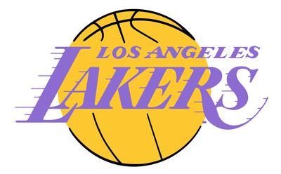 Los Angeles Lakers logo from the late 1970s through the '90s: LOS ANGELES and LAKERS in slanted purple letters with speed lines across a gold basketball