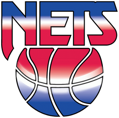 New Jersey Nets 1990-1997 logo: NETS in tall letters filled with a red, white and blue gradient over a basketball filled with the same gradient