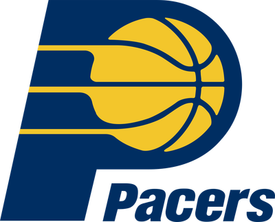 Indiana Pacers 1990-2005 logo: a navy blue letter P with a gold basketball in its loop and three gold speed lines, with Pacers in navy italic letters below