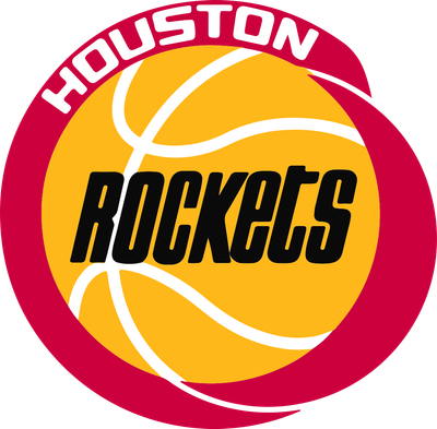 Houston Rockets 1972-1995 logo: a yellow basketball with Rockets in black lettering, inside a red ring with HOUSTON in white across the top