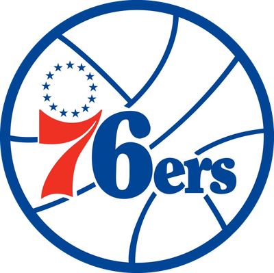 Philadelphia 76ers 1977-1997 logo: a white basketball outlined in blue with a red 7 and blue 6ers across it and a circle of 13 blue stars in the upper left