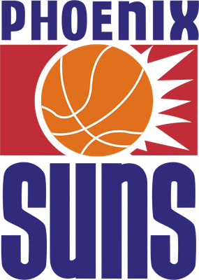 Phoenix Suns 1968-1992 logo: PHOENIX in purple letters on top, an orange basketball with sun rays on a red block in the middle, and SUNS in tall purple letters on the bottom