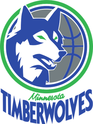 Minnesota Timberwolves 1989-1996 logo: a blue and white wolf head with a green eye in front of a half basketball, inside a green ring, with Minnesota in small script and TIMBERWOLVES below