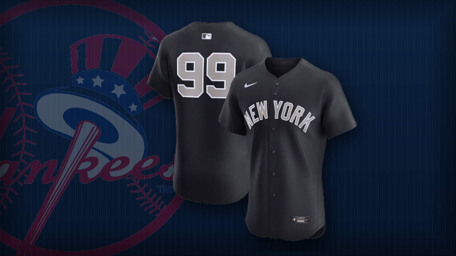 New York Yankees navy alternate road jersey on a pinstriped navy background with the Yankees top hat logo watermark, representing the franchise's first alternate uniform designation in 2026