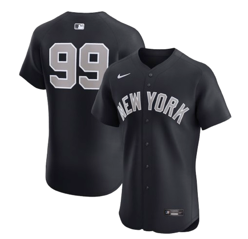 New York Yankees navy blue alternate road uniform from the Fanatics shop with NEW YORK wordmark in grey across the chest and grey player number